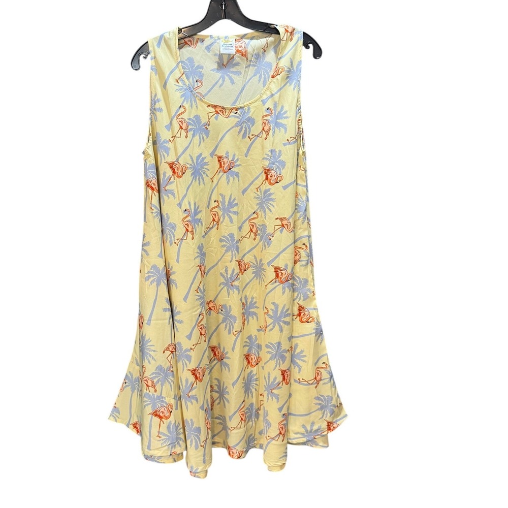 Rima's Yellow Flamingo Palm Print Sleeveless Dress Women's One Size Vintage 90s